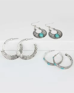 Prime Time Jewelry Women's 3-piece Silver & Turquoise Hoop And Dangle Earrings Set