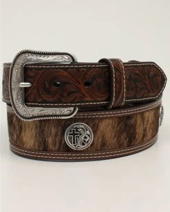 M & F Western Men's Brown Cross & Calf Hair Leather Belt