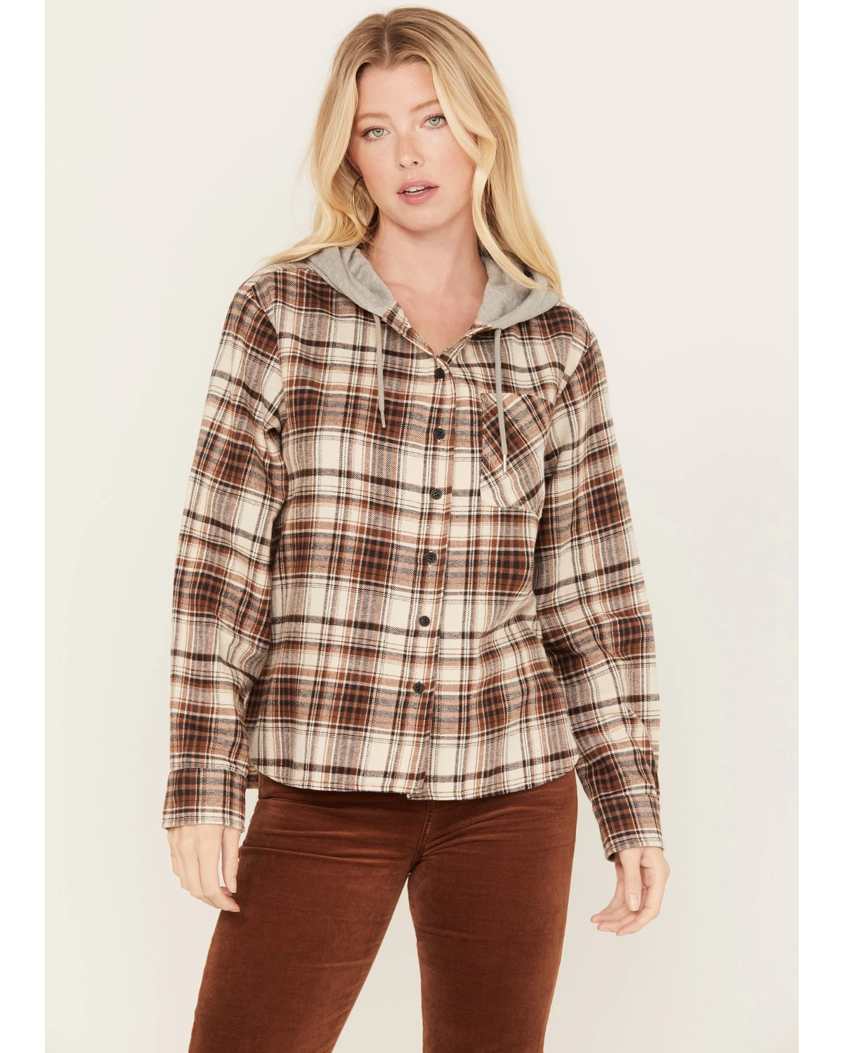 Cleo + Wolf Women's Tau Plaid Print Hooded Flannel Long Sleeve Shirt