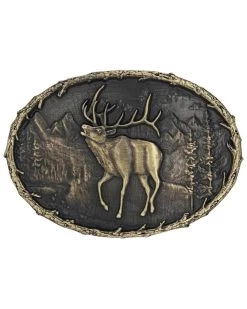 Montana Silversmiths Men's Brass Buglers Elk Heritage Attitude Belt Buckle