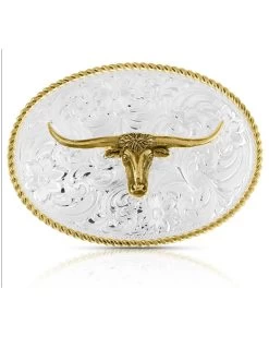 Montana Silversmiths Two-Tone Engraved Western Longhorn Belt Buckle